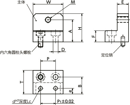 NLSDNS-N直线导轨用止动块 - 底座固定 - 定位用（带细牙螺纹孔） - 不锈钢制 - 带定位销寸法図