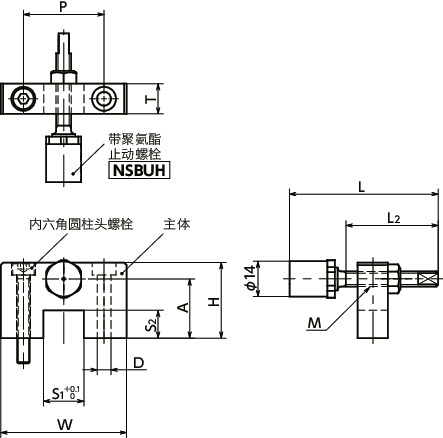 NLSENS-U直线导轨用止动块 - 底座固定 - 不锈钢制 - 附有带聚氨酯止动螺栓寸法図