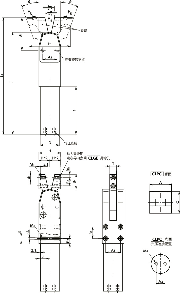 CLPC动力夹块 - 气压夹紧式 - 水平夹紧 - 中间夹紧寸法図